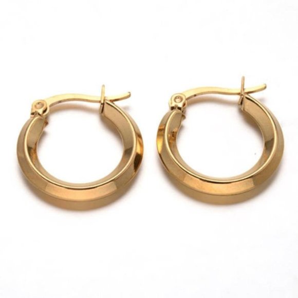 Bevel Edge Gold Hoop Pierced Earrings 1" 25mm 3mm Wide Band - Picture 5 of 8